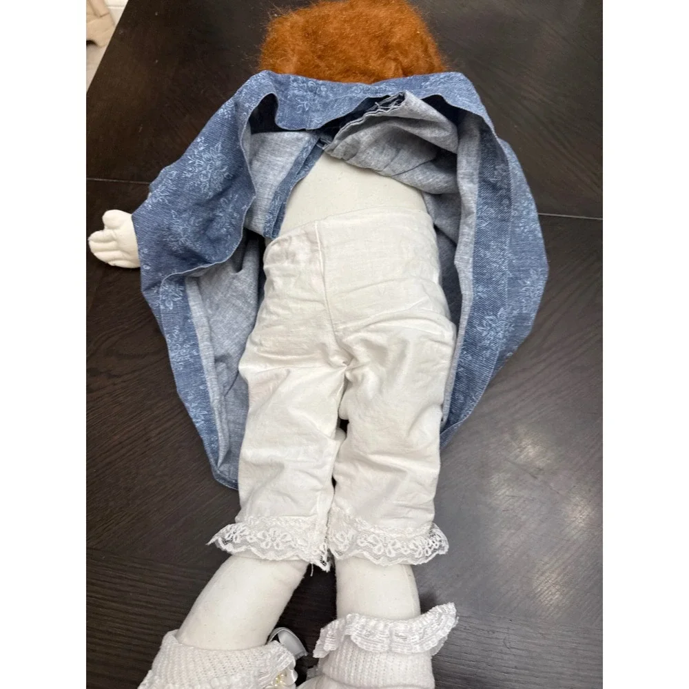Handmade Cloth Rag Doll Red Hair Blue Eyes Blue Floral Prairie Dress‎ 23 Inch